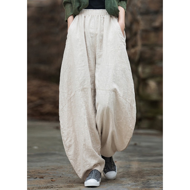 Beige Pockets Patchwork Linen Lantern  Pants Elastic Waist Fall