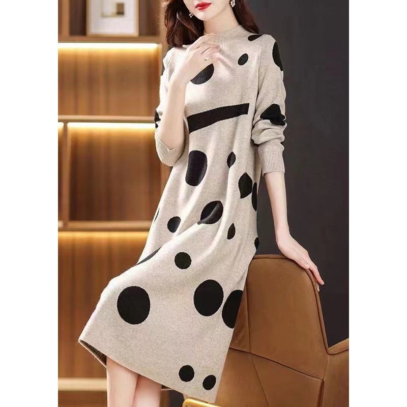 Beige Print Patchwork Woolen Long Dresses Stand Collar Fall