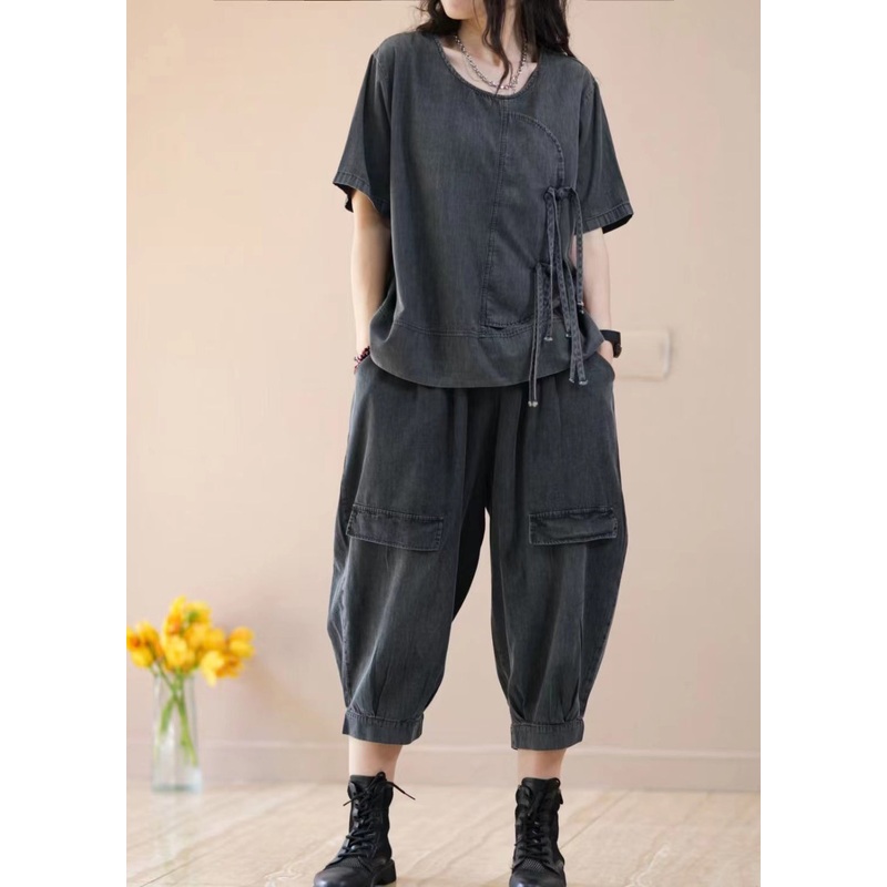 Black Lace Up Pockets Patchwork Denim Two Piece Suit Set Summer