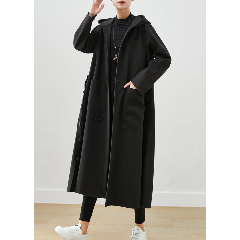 Black Oversized Cotton Coat Hooded Pockets Fall