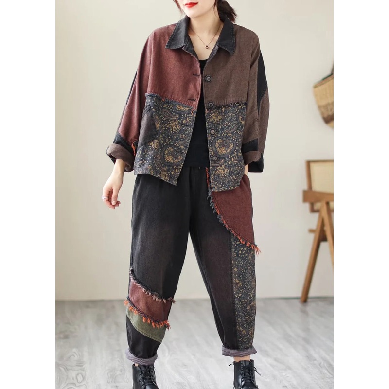 Black Print Patchwork Coats And Pants Denim Two Piece Suit Set Fall