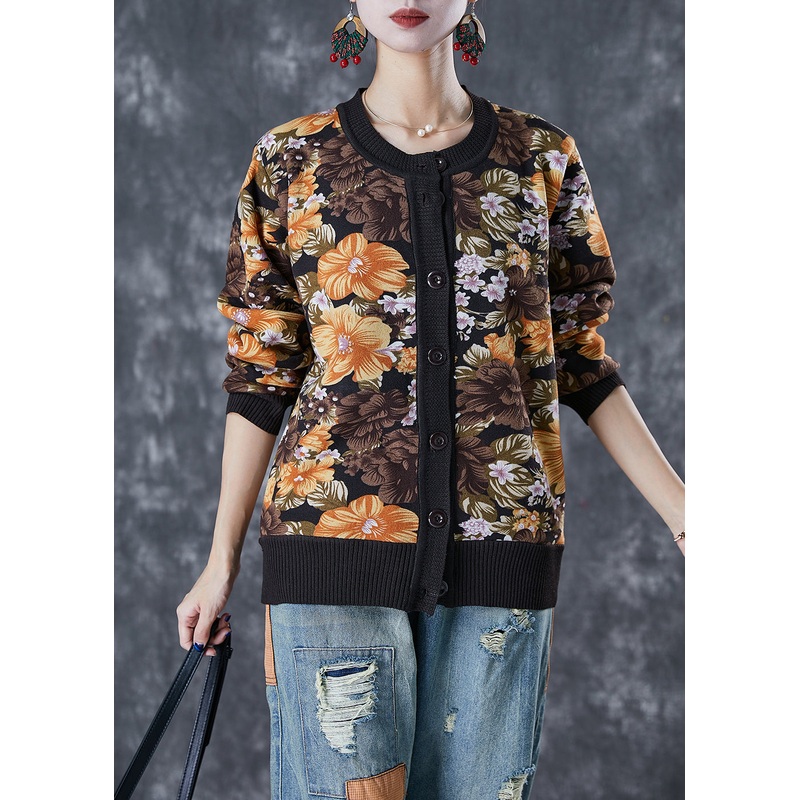 Black Print Warm Knit Sweaters Button Down Winter
