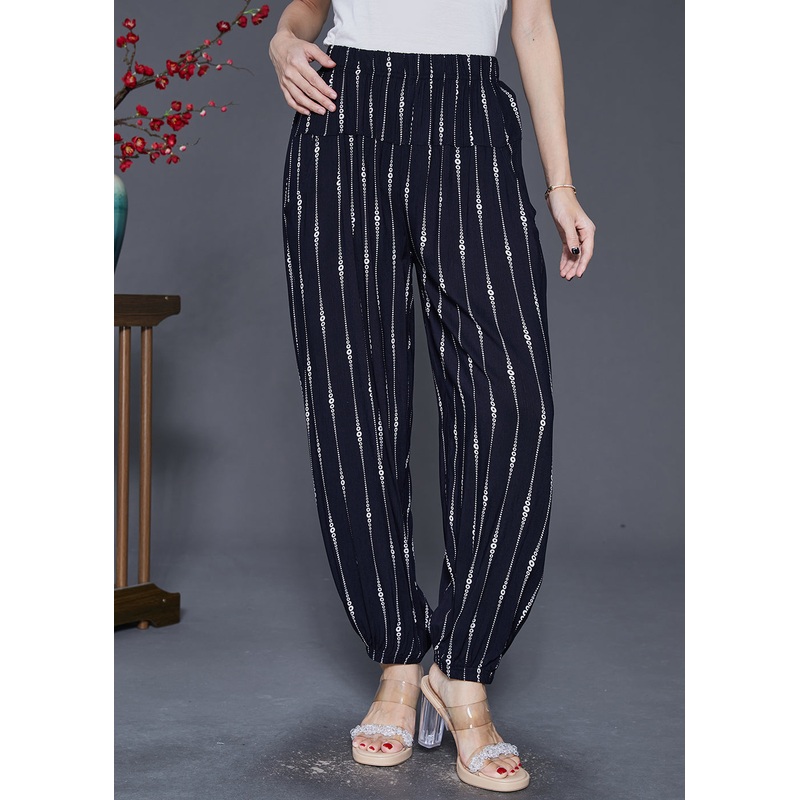 Black Striped Cotton Harem Pants Oversized Elastic Waist Fall