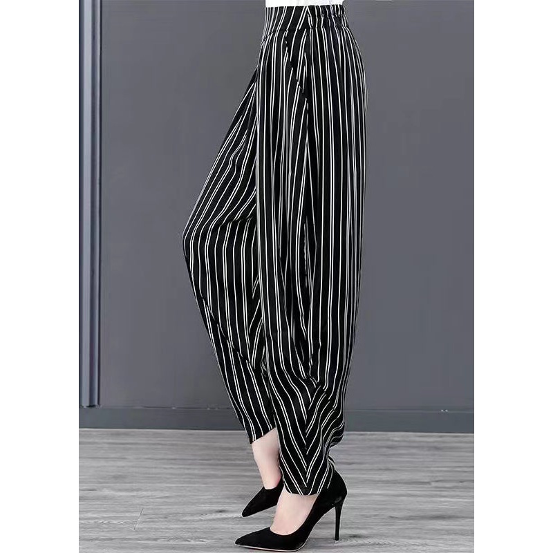 Black Striped Pockets Patchwork Chiffon Harem Pants Summer
