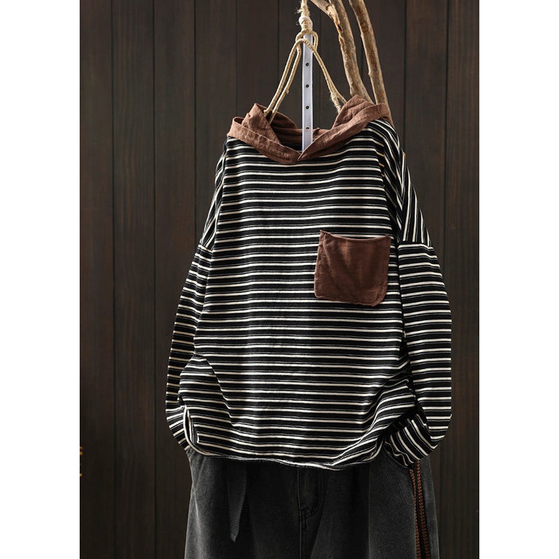 Black Striped Pockets Patchwork Cotton Blouse Tops Hooded Fall