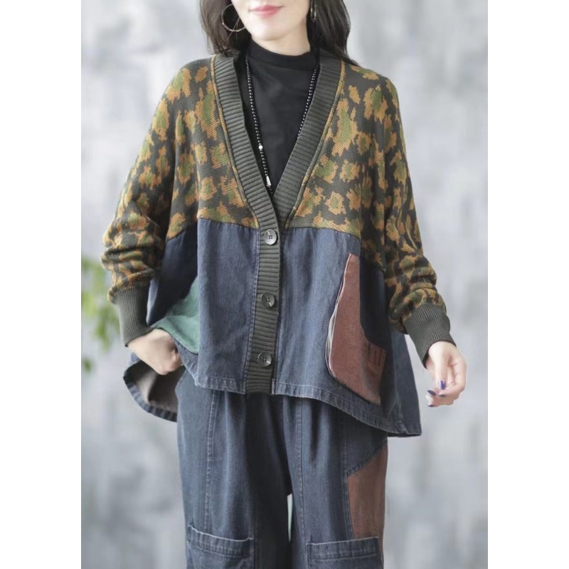 Blue Pockets Print Knit Patchwork Knit Denim Coat V Neck Fall