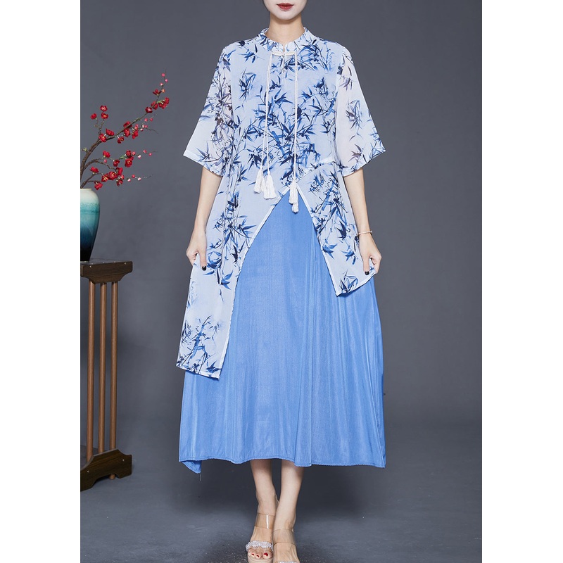Blue Print Silk Fake Two Piece Dresses Asymmetrical Tasseled Summer