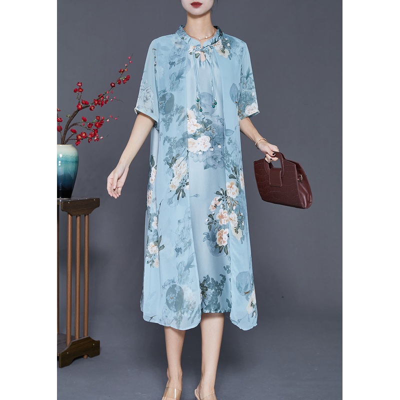 Blue Print Silk Fake Two Piece Dresses Tasseled Summer