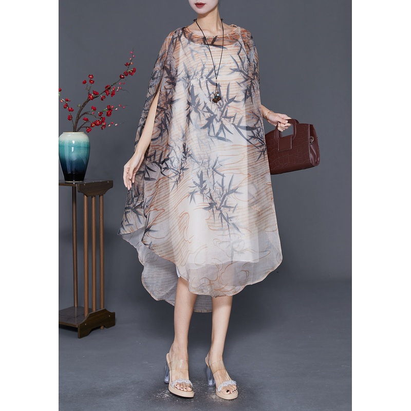 Bohemian Khaki Oversized Print Tulle Dress Cloak Sleeves