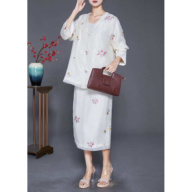 Bohemian White Embroideried Chinese Button Silk Two-Piece Set Fall