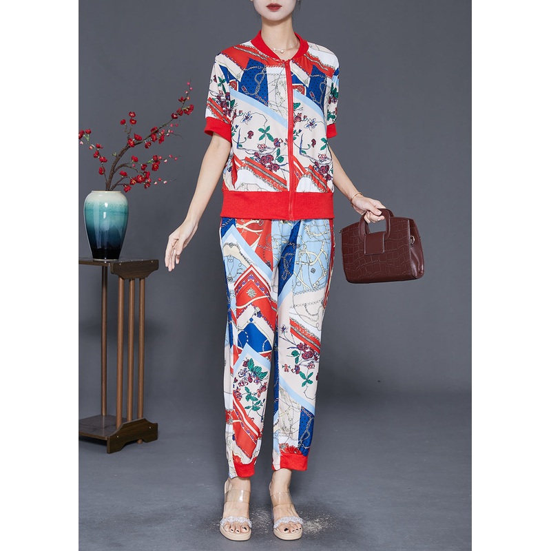Bohemian Zip Up Print Spandex Two Pieces Set Fall