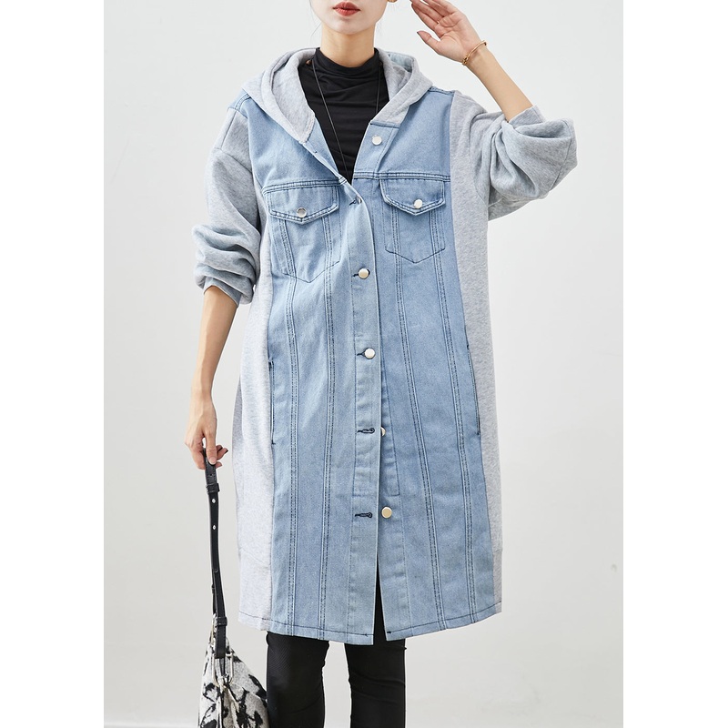 Boho Blue Hooded Denim Patchwork Cotton Trench Fall