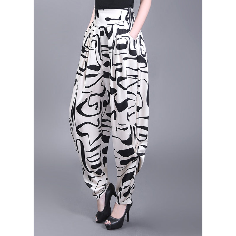 Boho White Pockets Print High Waist Chiffon Pants Summer