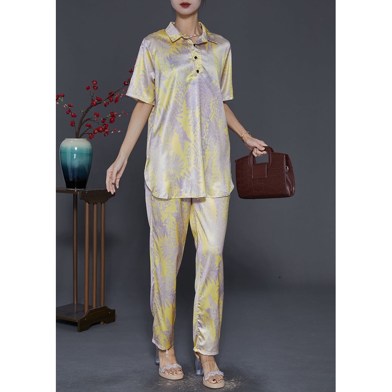 Boho Yellow Peter Pan Collar Print Silk Two-Piece Set Fall