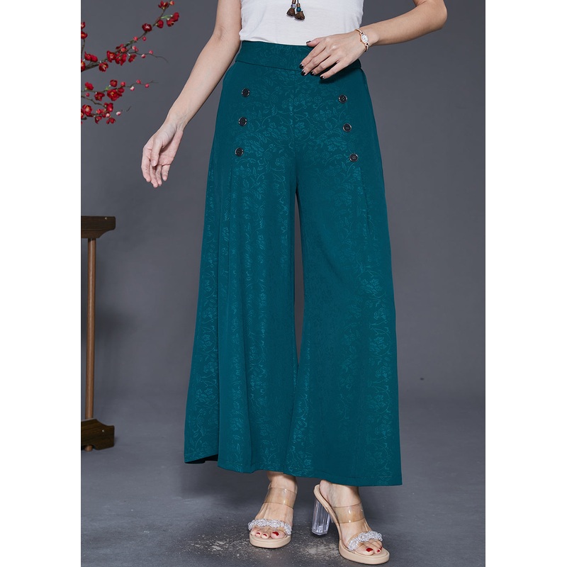 Boutique Green Jacquard Double Breast Silk Wide Leg Pants Fall