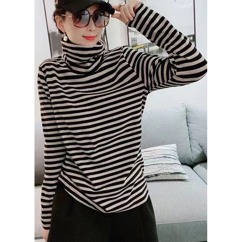 Casual Black Hign Neck Striped Cotton Blouse Top Fall