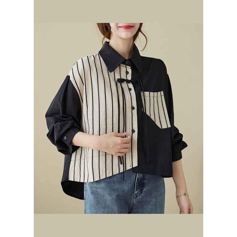 Casual Colorblock Striped Tasseled Patchwork Cotton Shirt Top Fall