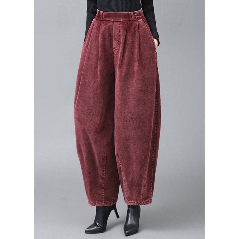 Casual Mulberry Wrinkled Pockets Corduroy Lantern Pants Fall