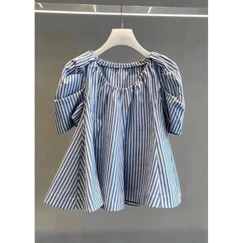 Chic Blue Striped Cotton Shirts Puff Sleeve