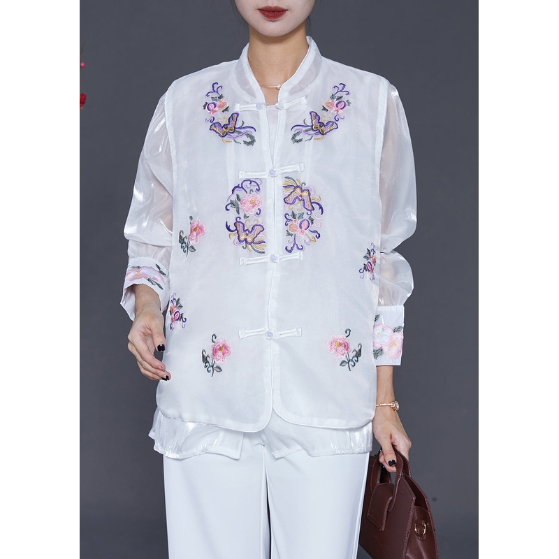 Chic White Embroideried Chinese Button Silk Two Pieces Set Fall