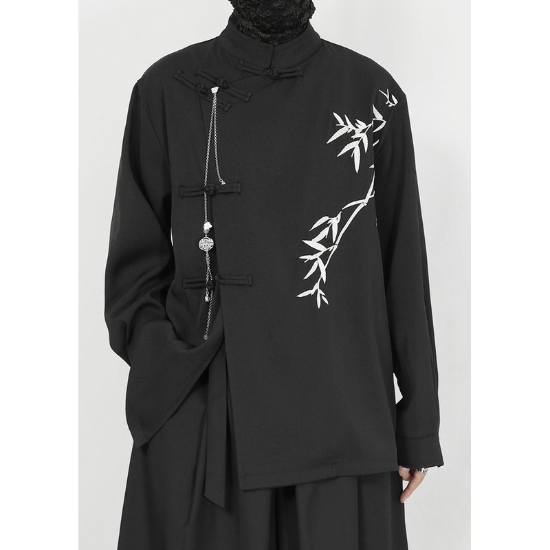 Chinese Style Black Stand Collar Embroideried Patchwork Cotton Shirt Fall