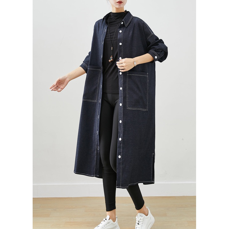 Classy Black Oversized Pockets Side Open Denim Trench Coats Fall
