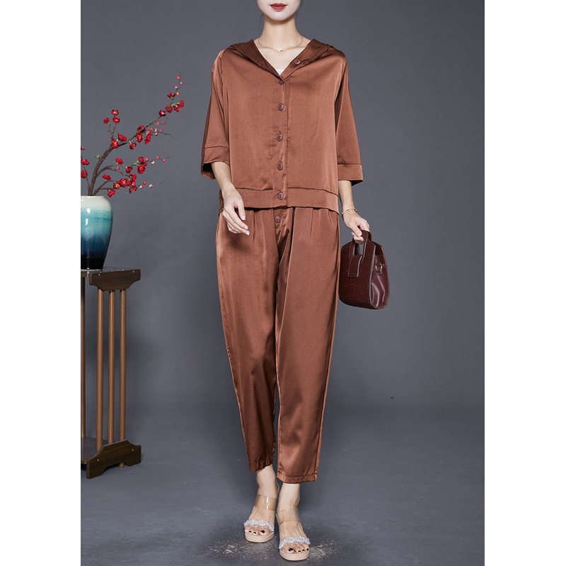 Classy Brown Hooded Button Down Silk Two Pieces Set Fall