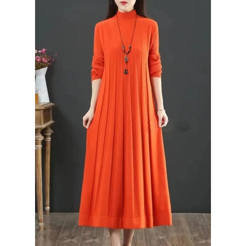 Classy Orange Hign Neck Wrinkled Patchwork Knit Long Dress Winter