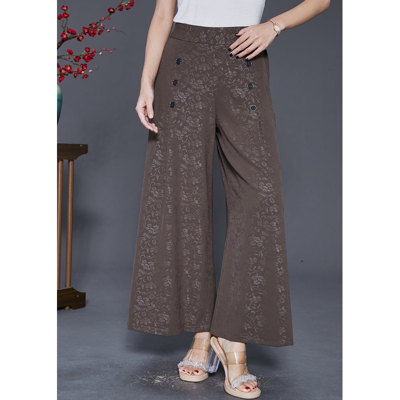 Coffee Jacquard Silk Pants Skirt High Waist Double Breast Fall