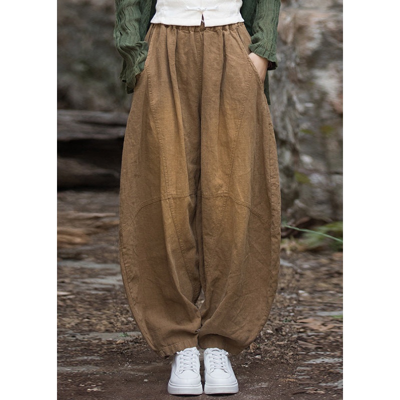 Coffee Pockets Patchwork Elastic Waist Linen Lantern Pants Fall