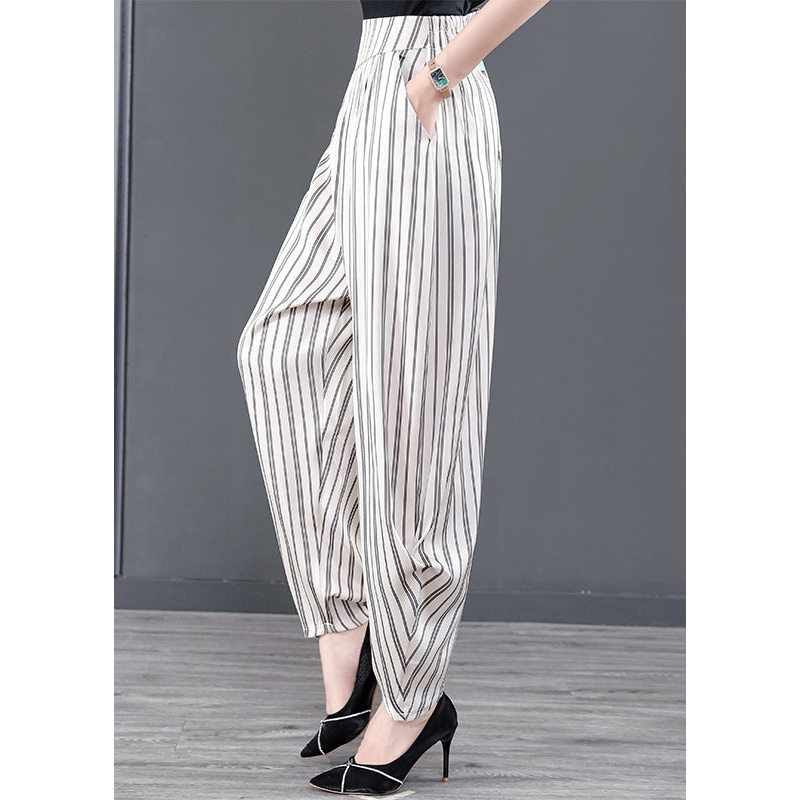 DIY White Striped Pockets Patchwork Chiffon Pants Summer