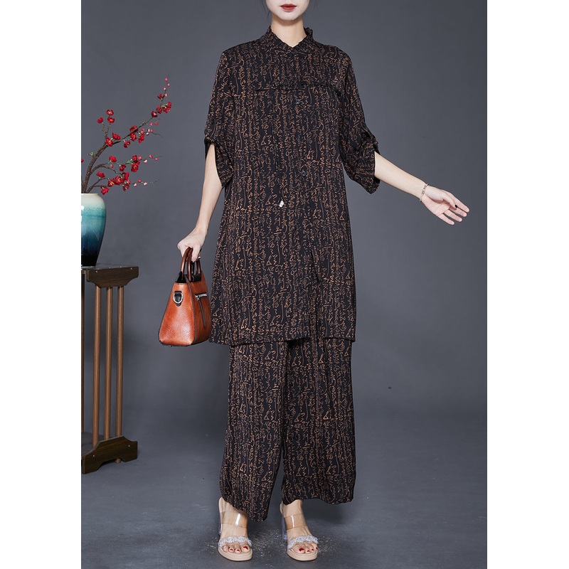 Elegant Black Ruffled Print Tasseled Chiffon Two Pieces Set Fall