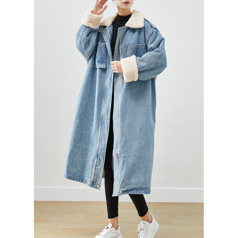 Elegant Blue Oversized Pockets Fleece Wool Lined Denim Trench Fall