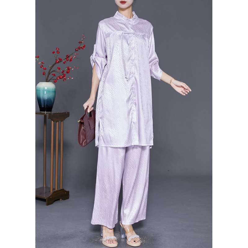 Elegant Light Purple Ruffled Tasseled Silk Two Pieces Set Fall