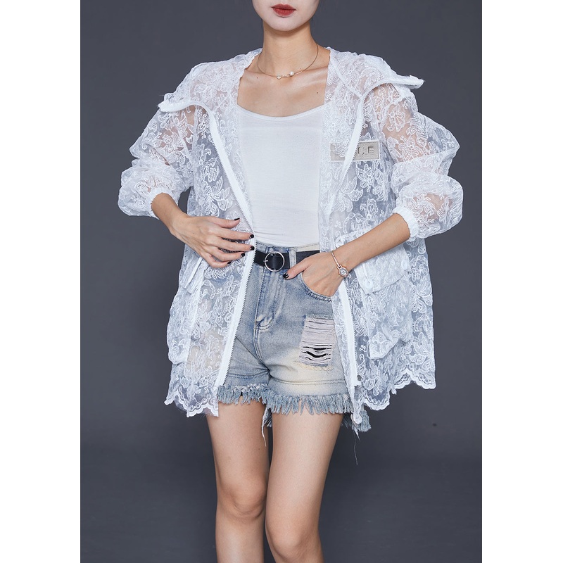 Elegant White Embroideried Drawstring Pockets Cotton Coat Outwear Fall