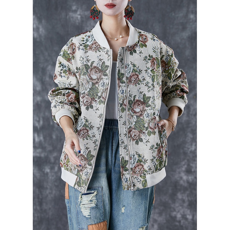 Fashion Beige Oversized Print Cotton Jackets Fall