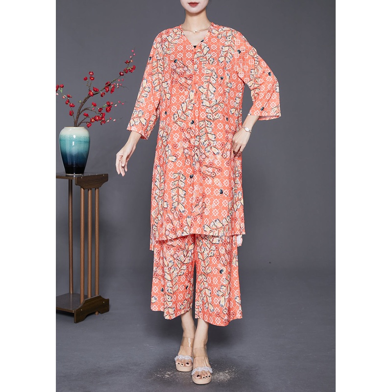 Fashion Orange V Neck Pring Cotton Two Piece Suit Set Fall