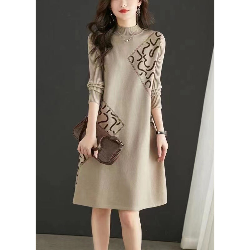 Fitted Beige Stand Collar Zircon Patchwork Knit Dress Fall