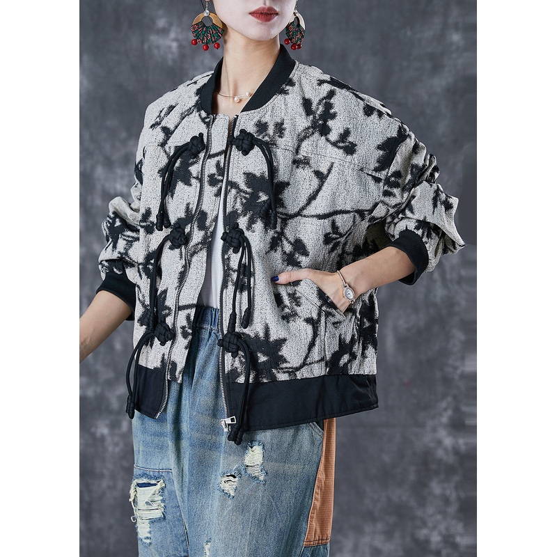 French Black Tasseled Print Cotton Jackets Fall