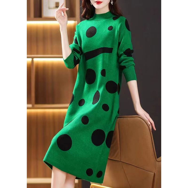 French Green Stand Collar Print Patchwork Woolen Dress Fall