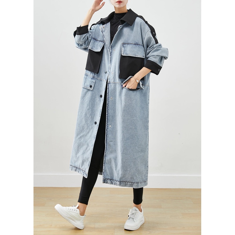 French Light Blue Peter Pan Collar Patchwork Pockets Denim Coats Fall