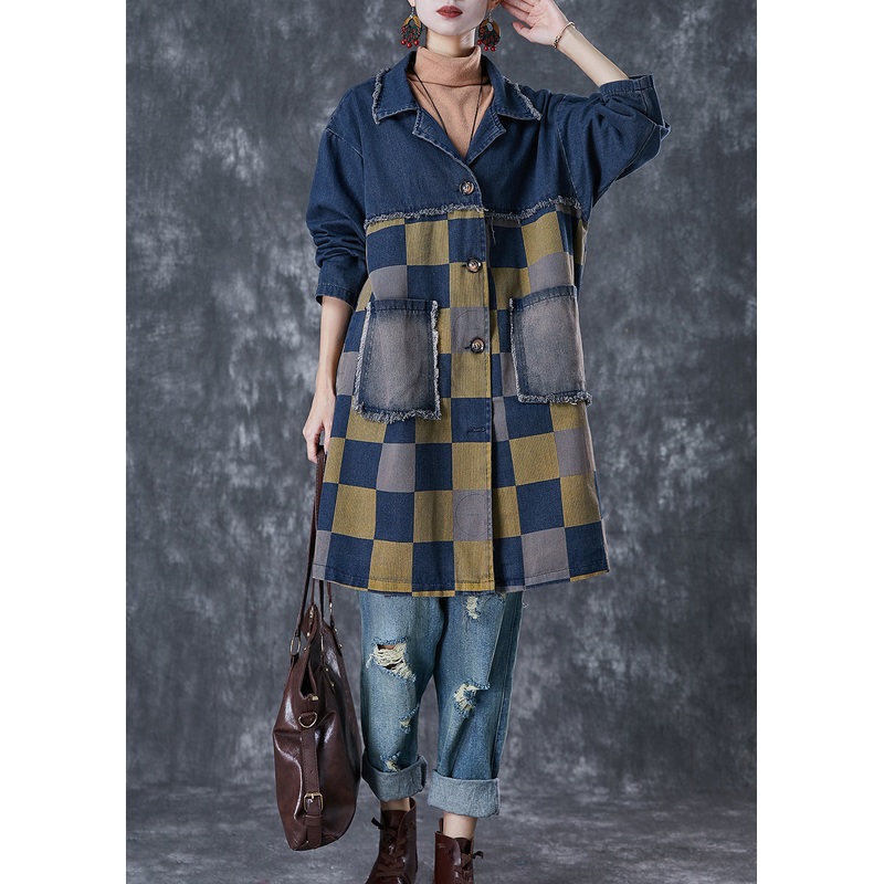 French Navy Oversized Patchwork Plaid Denim Coats Fall