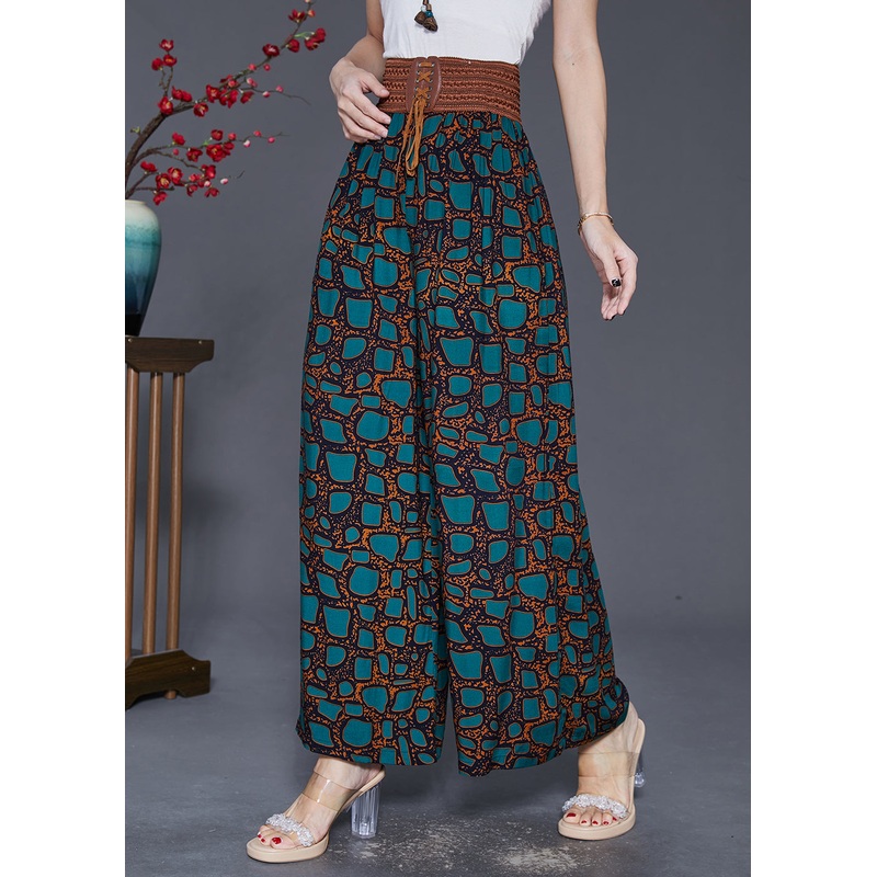 Green Print Chiffon Wide Leg Pants Draping Fall