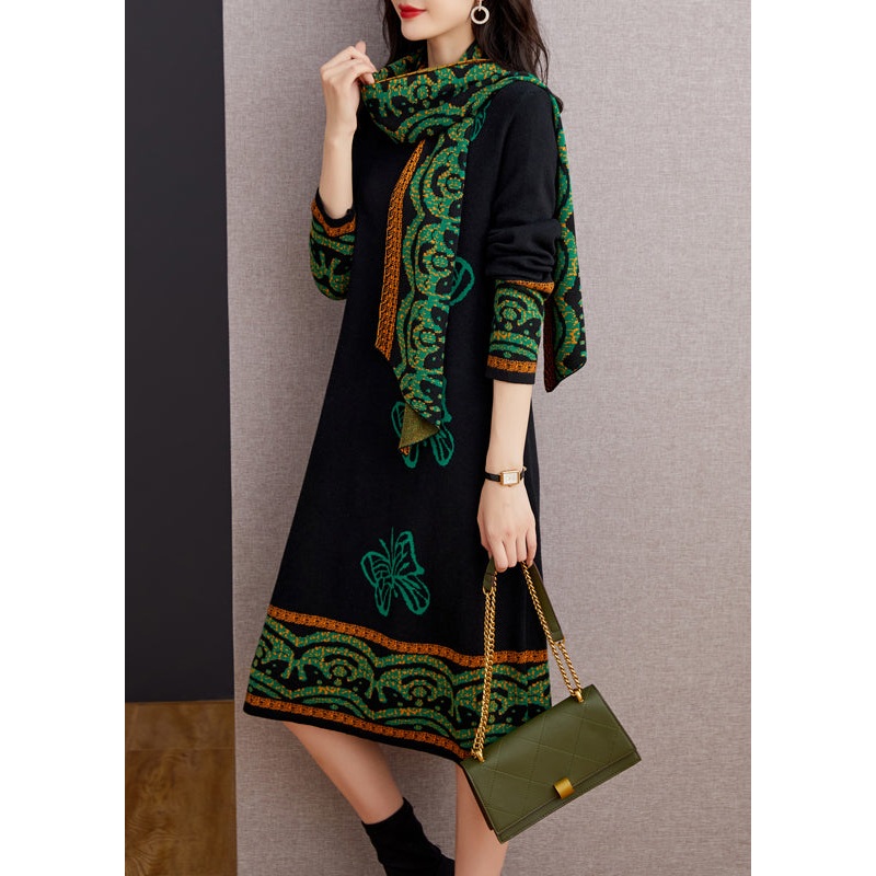 Handmade Black O Neck Butterfly Print Patchwork Woolen Dresses Fall