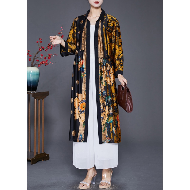Handmade Yellow Oversized Print Wrinkled Silk Coats Fall