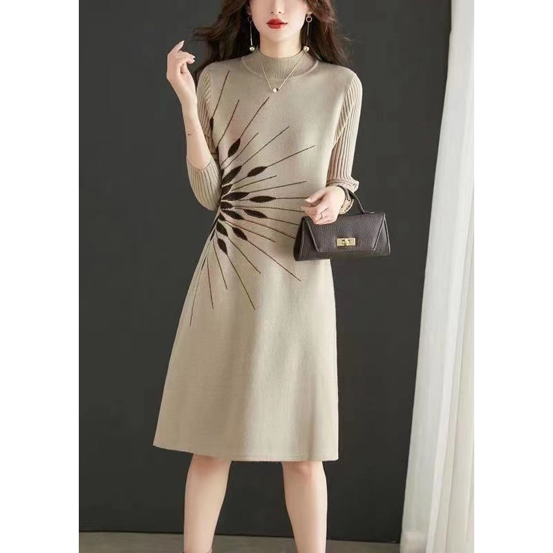 Italian Apricot O Neck Jacquard Zircon Patchwork Knit Dress Fall