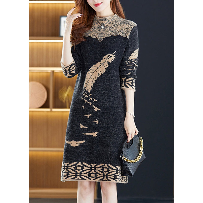 Italian Black Jacquard Patchwork Mink Hair Knitted Dresses Winter