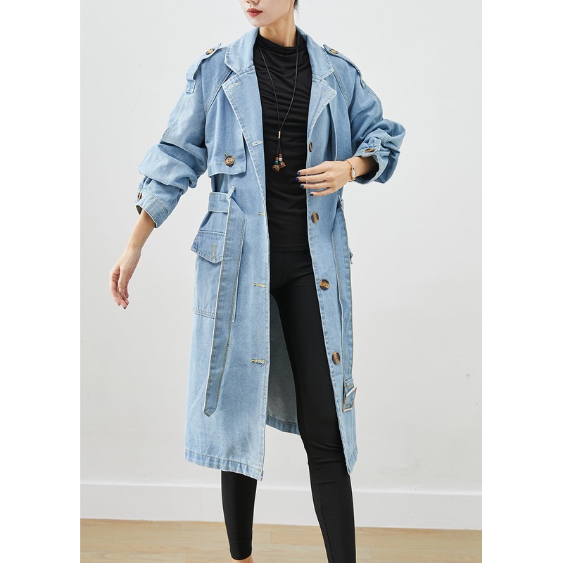 Italian Light Blue Notched Tie Waist Denim Trench Coat Fall