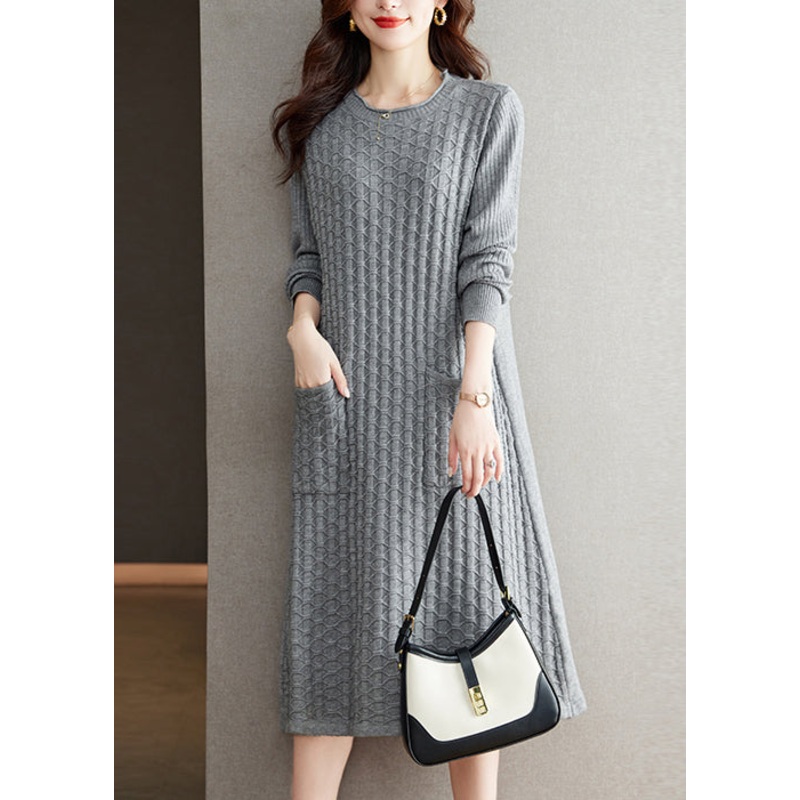 Loose Grey O Neck Pockets Patchwork Woolen Dress Fall