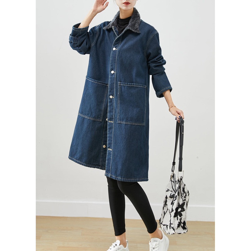 Modern Navy Peter Pan Collar Pockets Warm Fleece Denim Coats Winter